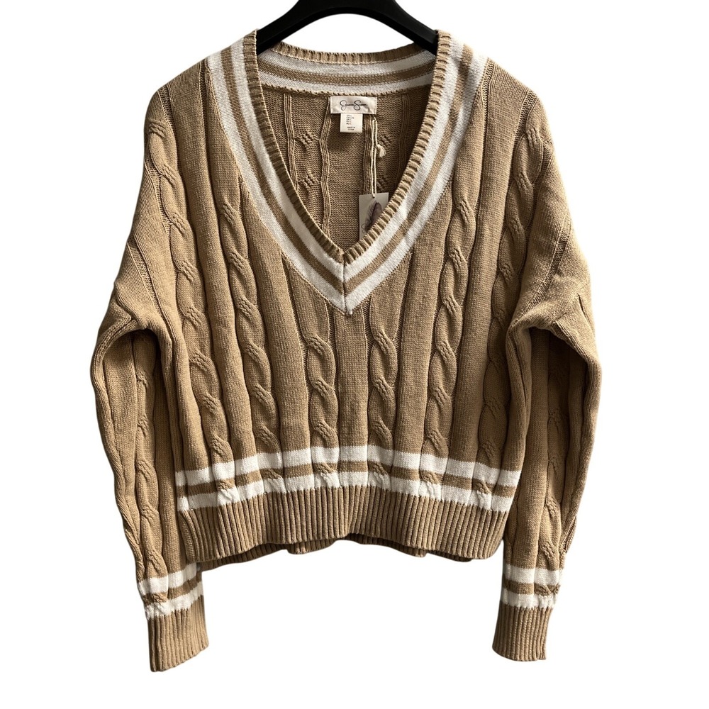 Jessica Simpson Sweater L Brown Cable Knit Tennis‎ Cropped Boxy Oversized Preppy